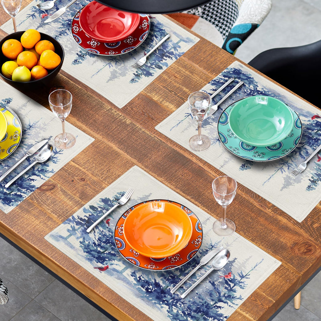 Winter Blue Pine Tree Placemats Set of 4,12 x 18 Inch Forest Xmas Red Bird Heat Resistant Place Mats Linen Table Mats