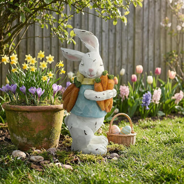 Easter Decorations Bunny Resin Figurine with Carrots - 9.3'' Hand-Painted Rabbit Outdoor Statue, Spring Farmhouse