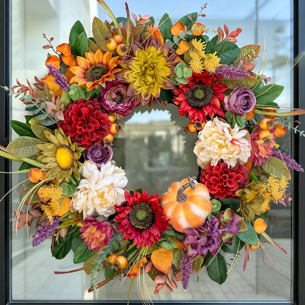 24 Inch Fall Wreaths for Front Door, Autumn Farmhouse Harvest Wreath