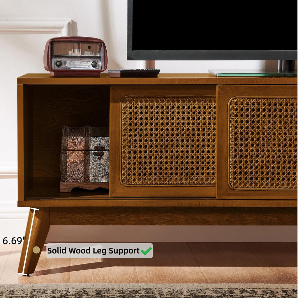 Mid Century Modern Rattan TV Stand for 65 Inch TV,59" Boho Media Console with Sliding Doors & Open Shelves,Solid Wood