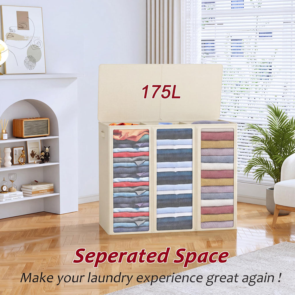 175L Laundry Hamper 3 Section,Large Laundry Hamper with Lid,Dirty Clothes Hamper with 3 Inner Bags,Collapsible