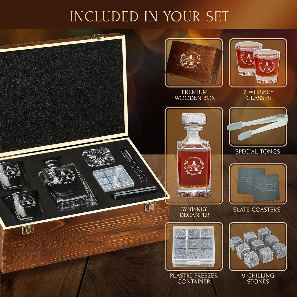Personalized Old Fashioned Whiskey Decanter and Stones Set - Set of 18