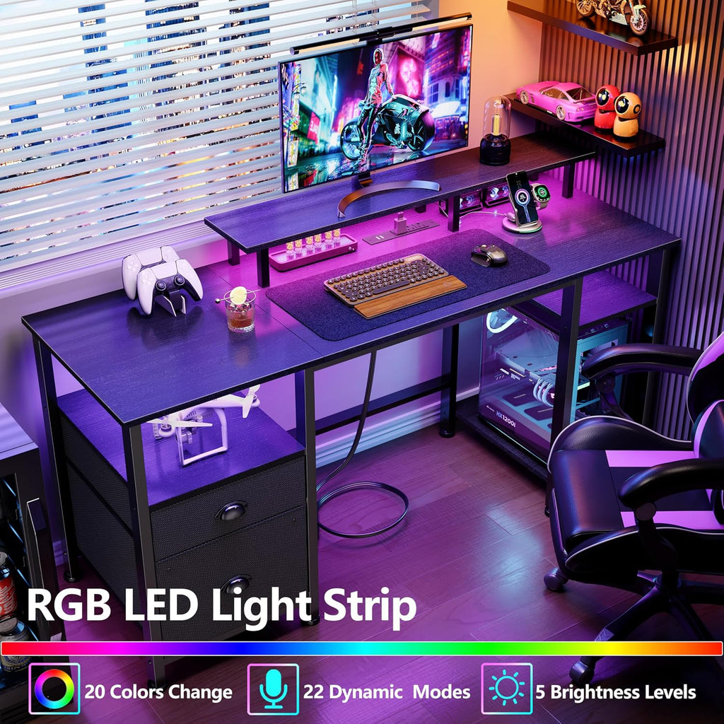 51" Gaming Desk with Power Outlets & LED Lights, Reversible Computer Desk with File Cabinet & Monitor Stand , Large