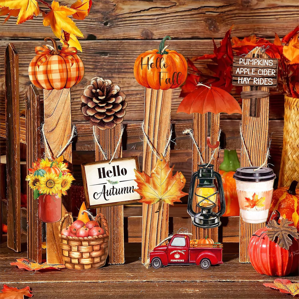 Wooden Fall Ornaments for Tree Thanksgiving Decorations,12 Styles Harvest Ornament Vintage Pumpkin Maple Leaf - Set of 36