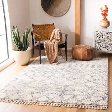 Berber Fringe Shag Collection Area Rug, Cream & Grey, Moroccan Design, Non-Shedding & Easy Care, 1.2-inch