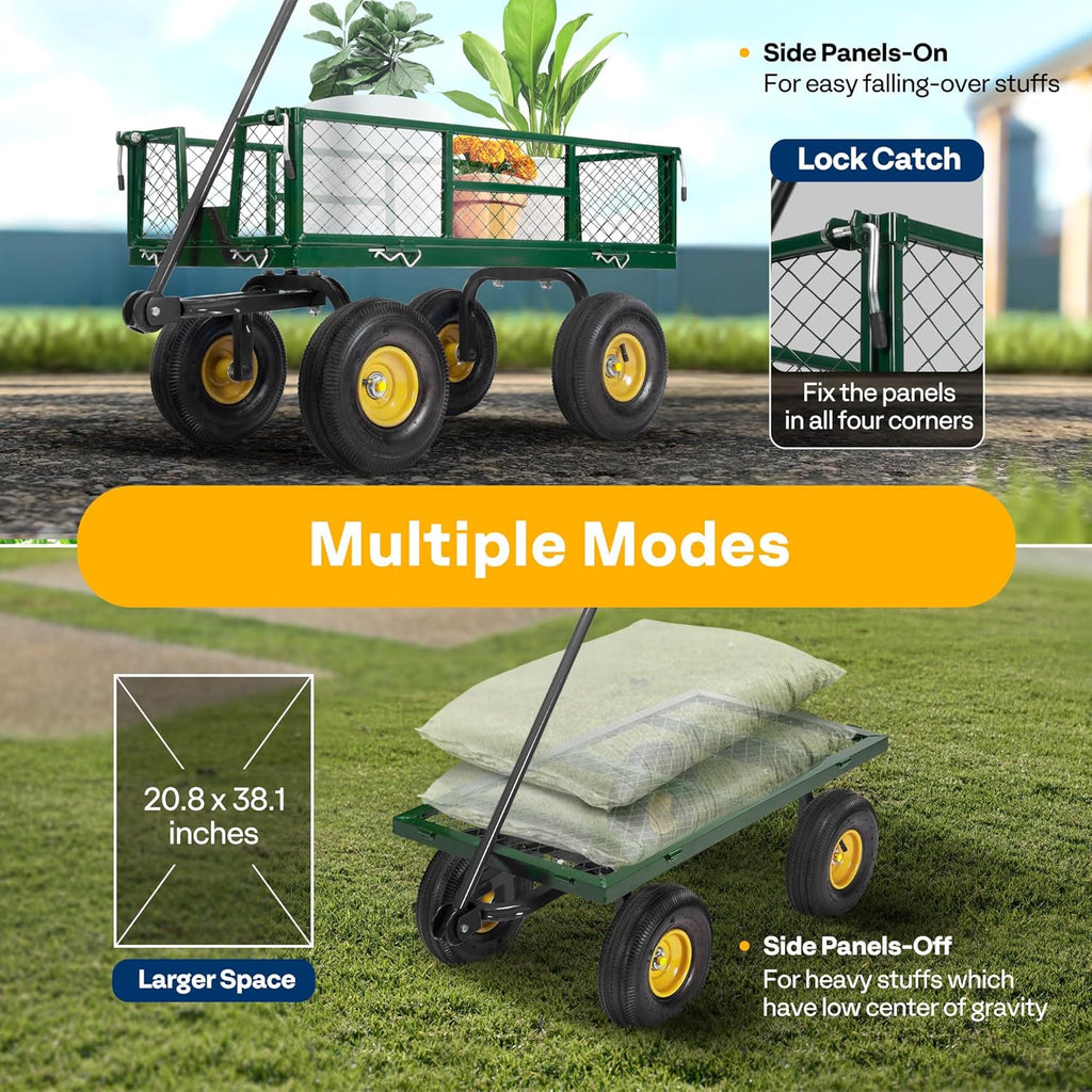 Heavy Duty 880 Lbs 4.5 Cu Ft Mesh Steel Garden Cart Utility Wagon | Removable Sides and 4.10/3.50-4" Wheels 10 inch