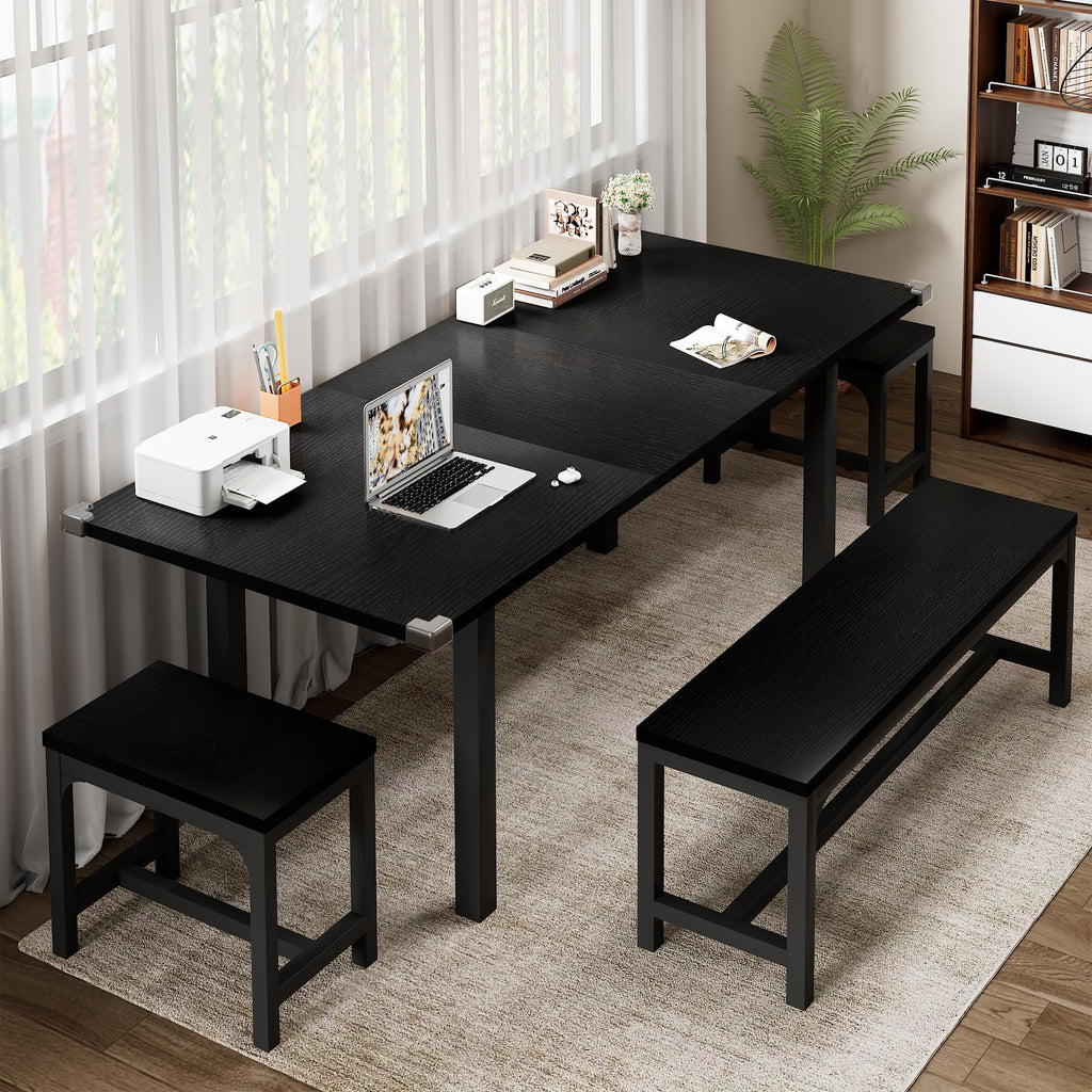 5-Piece Dining Table Set for 4-8 People, 63" Large Extendable Kitchen Table Set with 2 Benches and 2 Square Stools