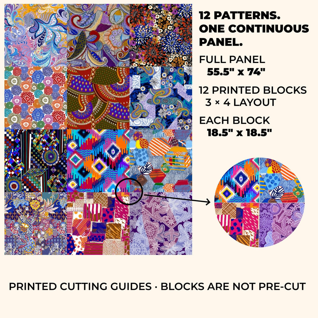 Printed Fleece Fabric Panel for Quilting, 55.5 x 74 Inches, 12 Blocks