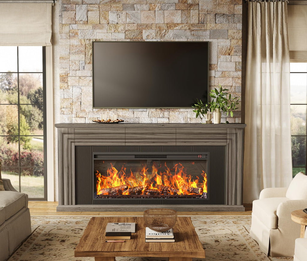 70'' Fireplace TV Stand with 42'' Electric Fireplace, Farmhouse TV Stand for 65 75 Inch TV, Entertainment Center TV