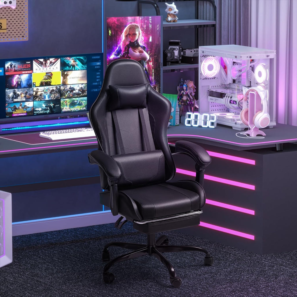 Gaming Chair, Video Game Chair with Footrest and Massage Lumbar Support, Ergonomic Computer Chair Height Adjustable