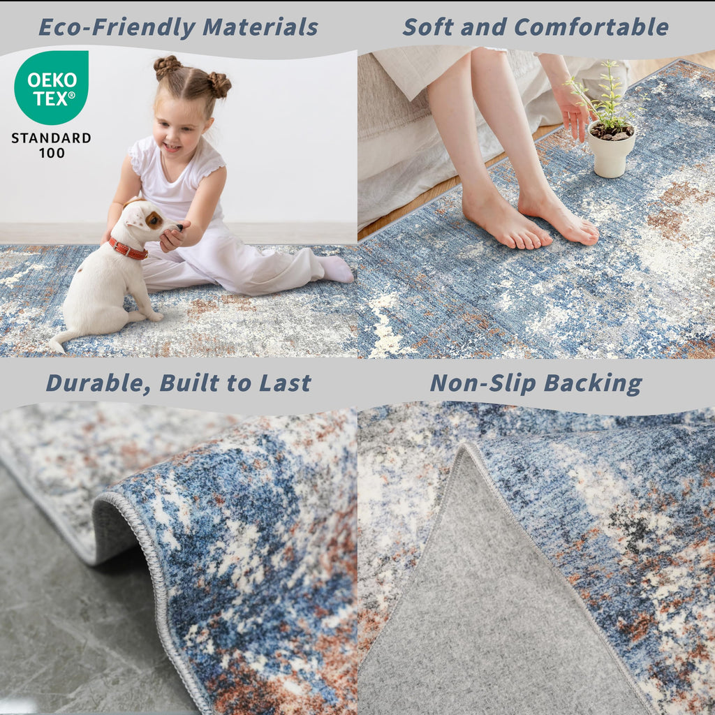 3x8 Washable Hallway Runner - Non-Slip Abstract Modern Neutral Wide Carpet Runner Floor, Entryway, Bedroom, Living