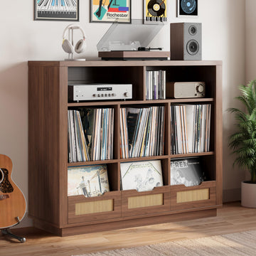 3-Tier Record Player Stand with Charging Station, Vinyl Storage