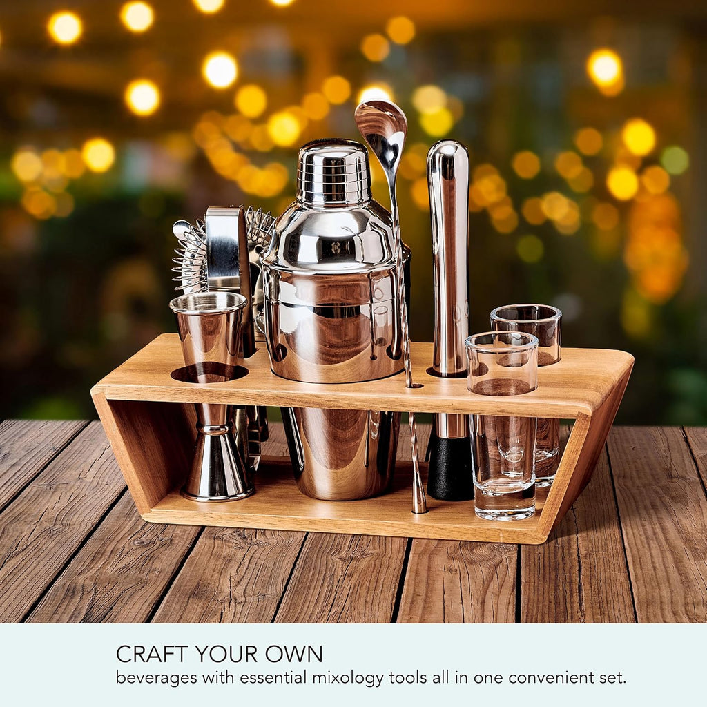 Glenwood Mixology Cocktail Shaker Bartender Stainless Steel with Acacia Wood Stand Bartool Set - Set of 8