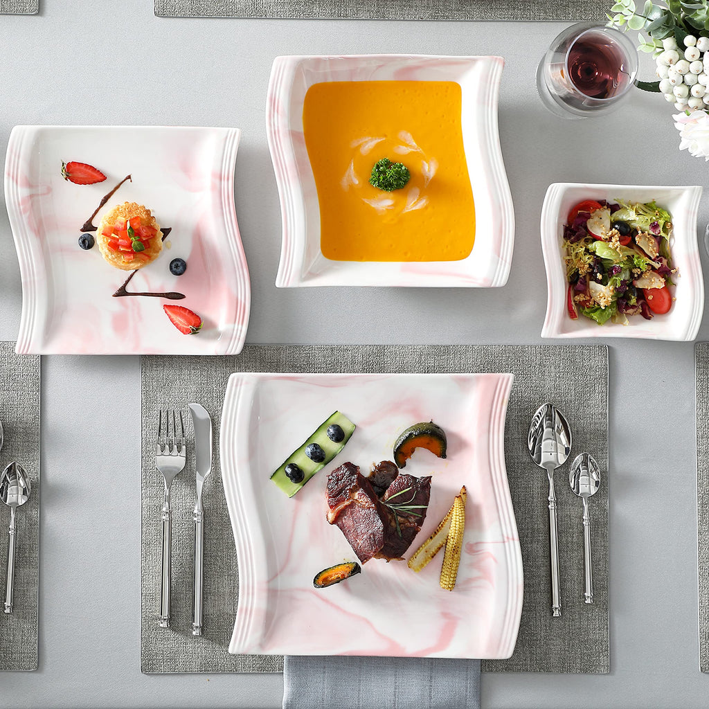 Plates and Bowls Sets, 26 Pieces Pink Dinnerware Sets for 6, Porcelain Dinnerware Set with Dinner Plates and Bowls