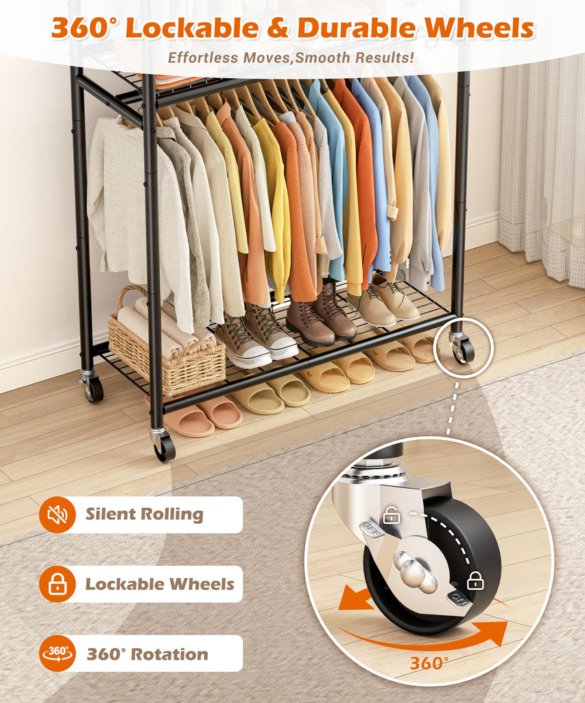 Clothes Rack, 79.7" Double-Tier Clothing Rack with Shelves&Wheels