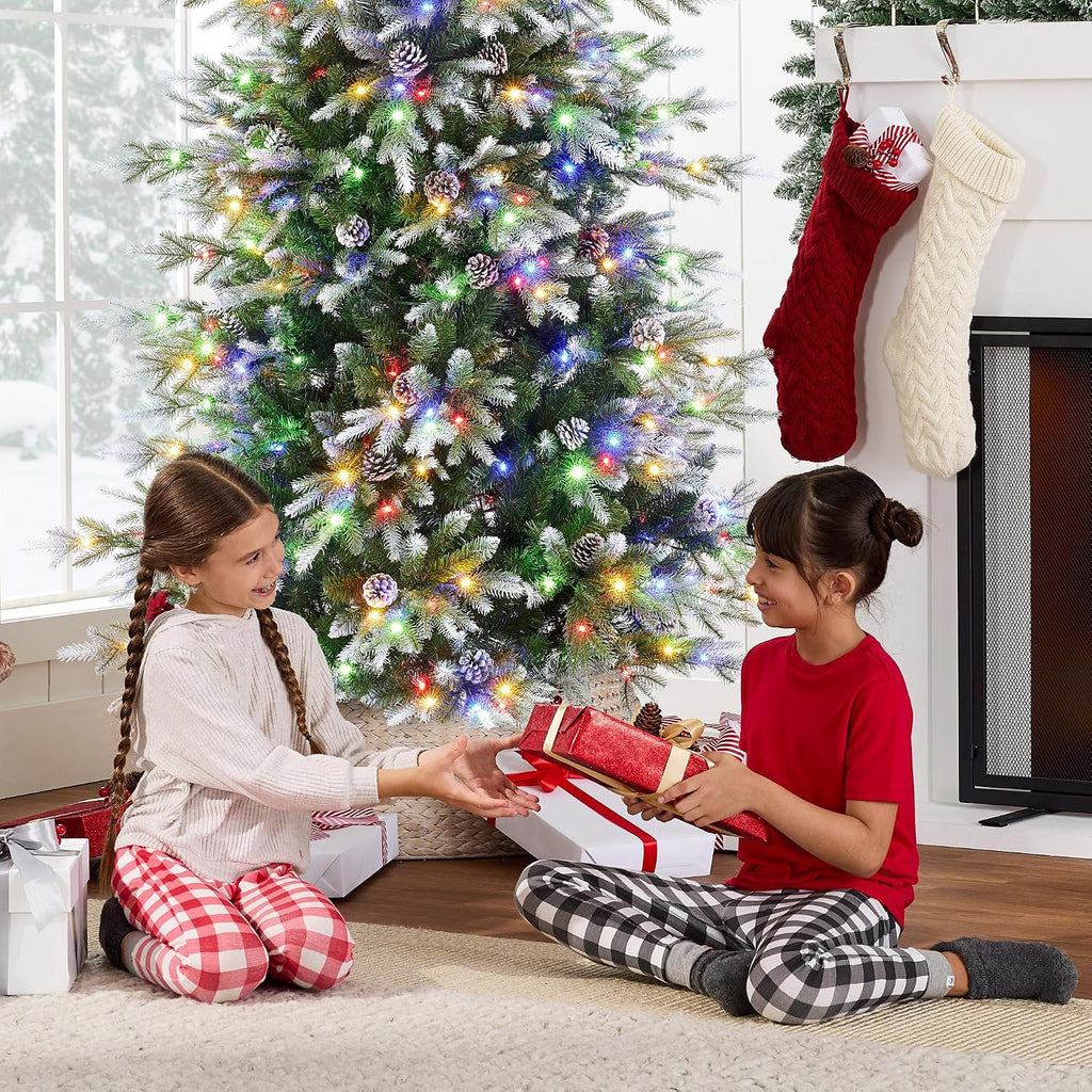 7.5ft Pre-Lit Artificial Frosted Slim Aspen Christmas Tree, Partially Flocked Holiday Décor w/ 2-in-1 White &