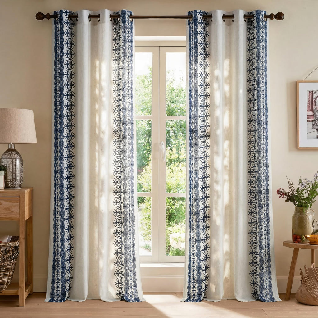 Boho Curtains with Navy Blue Trim 84" Long 2 Panels