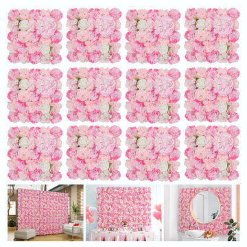 Flower Wall Backdrop 12pcs 16.5"x16.5"Artificial Floral Panels-Pink