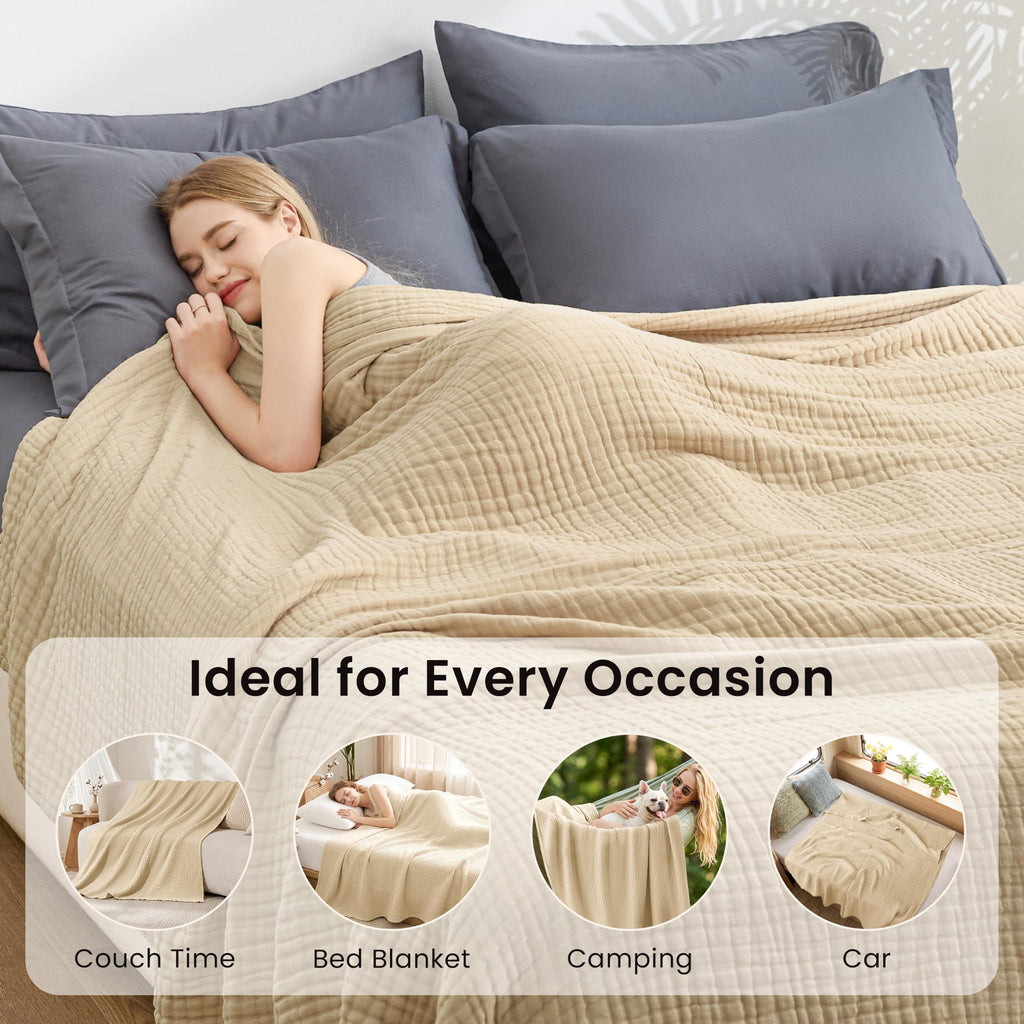 100% Cotton Muslin Blanket for Bed, Khaki