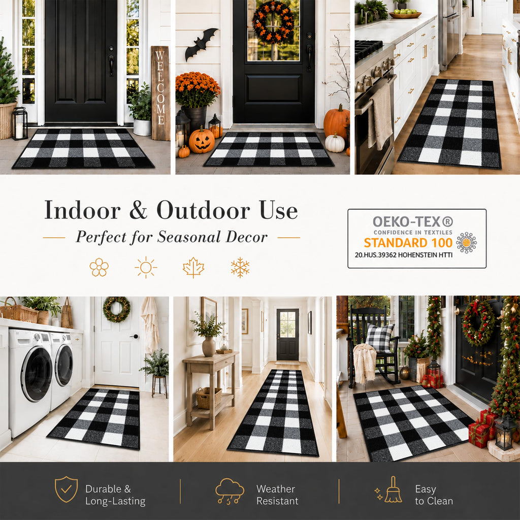 Fall Decor Buffalo Plaid Outdoor Rug 24" x 36", Non-Slip Black and White Checkered Door Mat, Machine Washable
