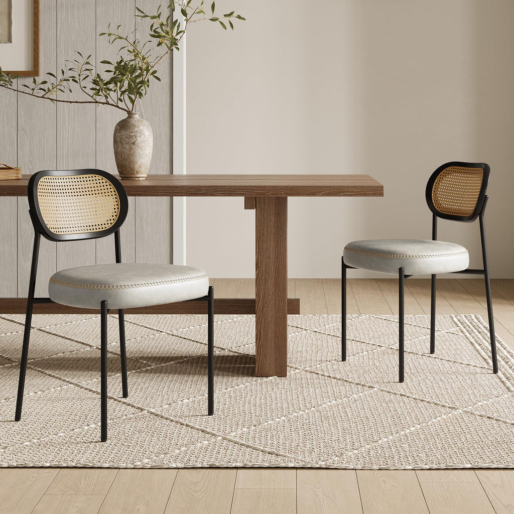 Rattan Dining Chairs Set of 6, Beige Leather Upholstered Dining Chairs with Rattan Cane Back, Mid Century Modern