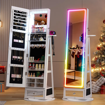 Jewelry Cabinet with LED Mirror, 360° Swivel & Remote Control, White