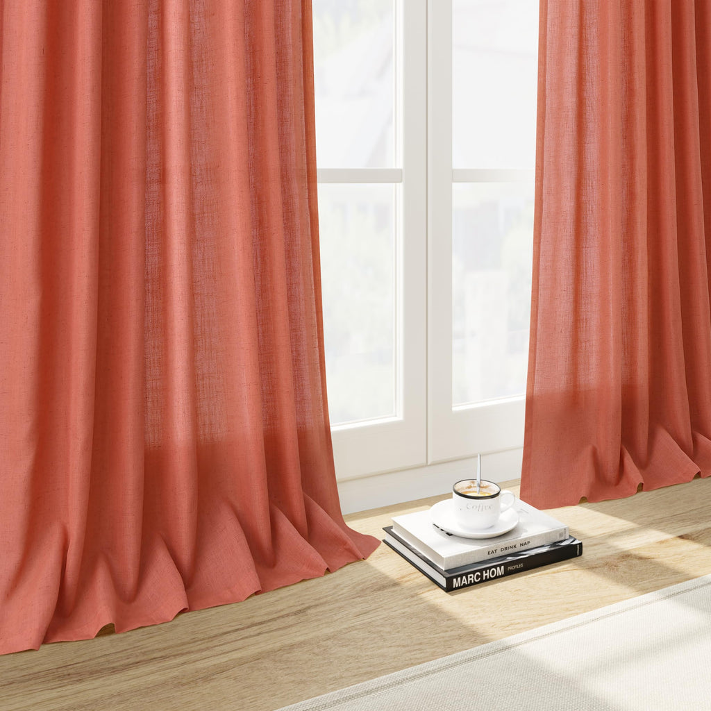 Coral Linen Curtains 102 Inches Long 2 Panel Set Back Tab Rod Pocket Semi Sheer Light Filtering Burlap Extra Long