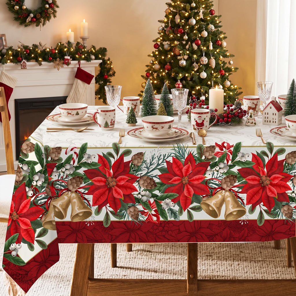 Christmas Poinsettia Tablecloth 60x140 Inch, Vintage Red Floral Bell Pine Cone Rectangular Table Cover, Xmas Border