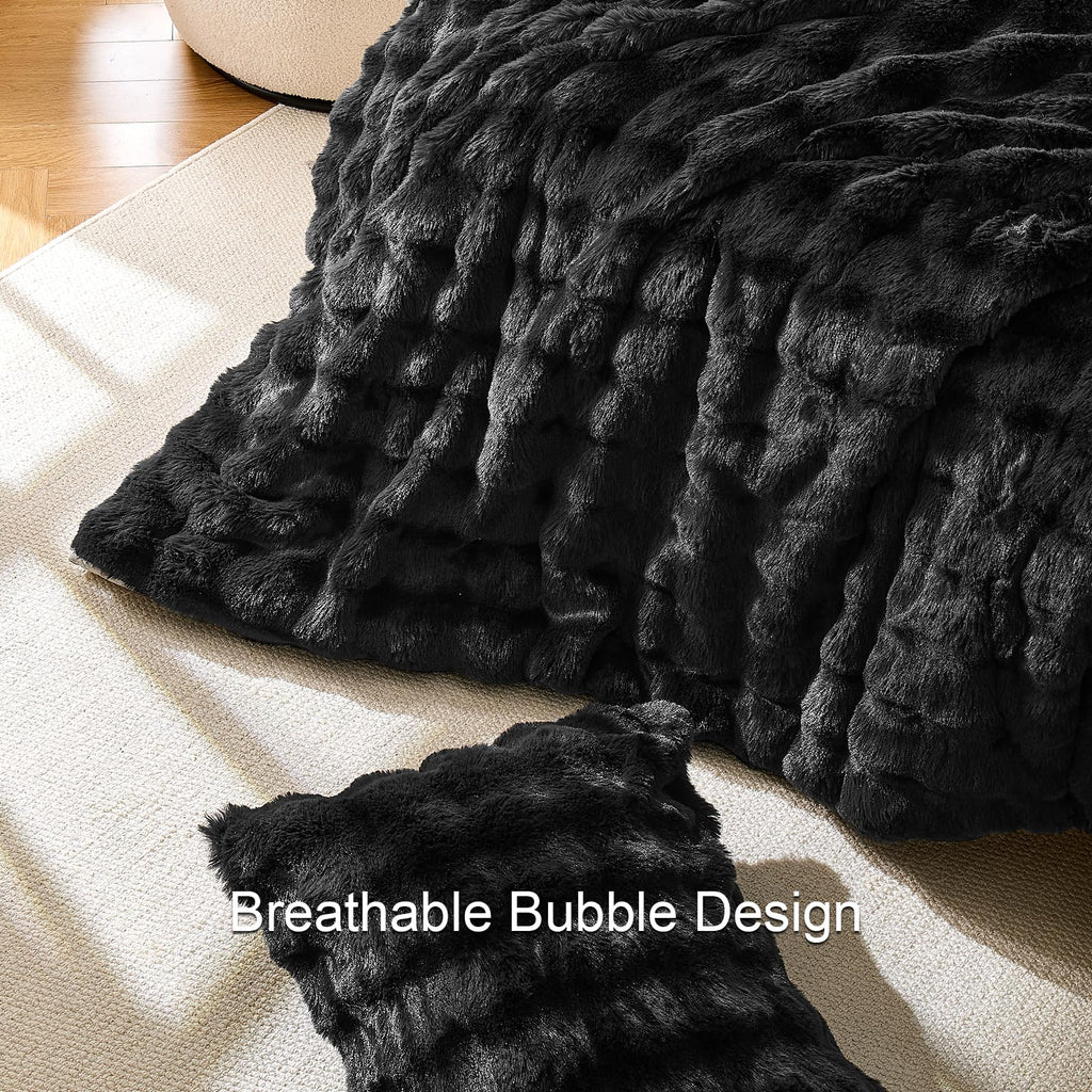 Fluffy Comforter Set Black Soft & Fuzzy Faux Fur Comforter Luxury Lightweight Plush Bedding Set All Season