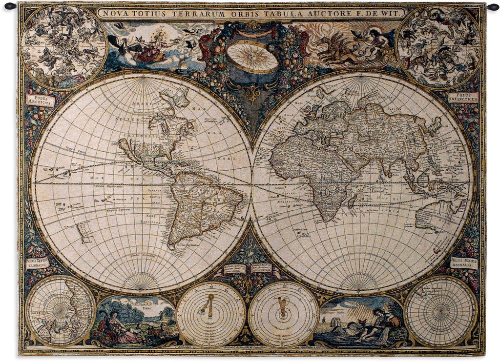 Old World Map by Frederik De Wit | Woven Tapestry Wall Art Hanging | Vintage Geographic with Antique Motifs | 100%