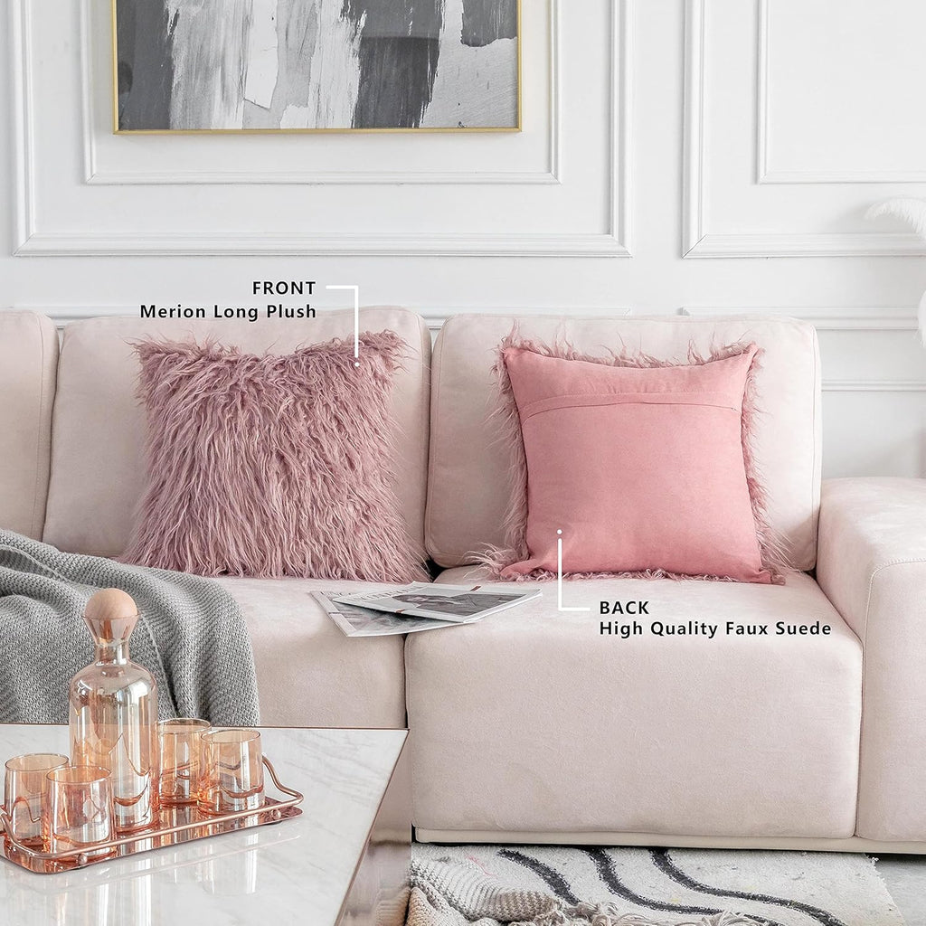 Dusty Rose Pillow Covers 18x18 Pillows Fluffy Fuzzy Fur Pillow Covers Set of 2 Shaggy Cushion Cover 18 x 18 inch