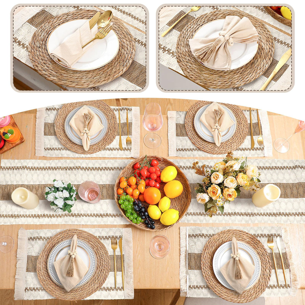 6 Sets Boho Table Runner and Woven Round Placemats Set, Brown, 12x72