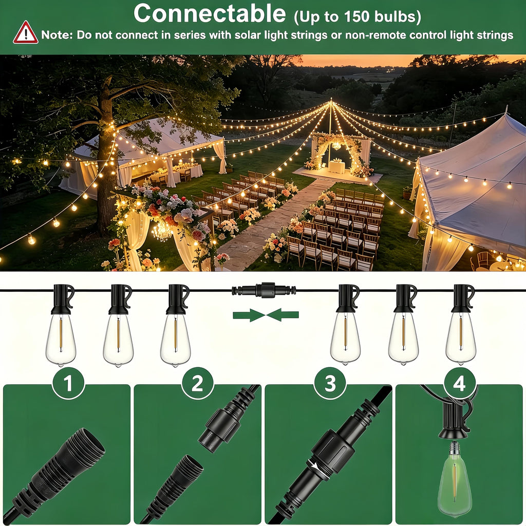 60FT Outdoor String Lights ST38 LED with Remote Waterproof Dimmable