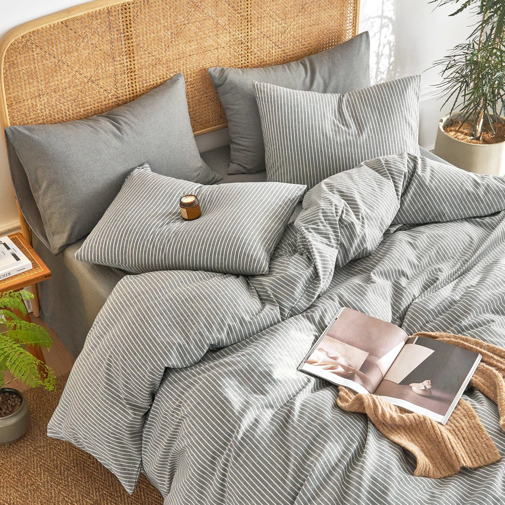 Striped Cotton Duvet Cover Set, Grey