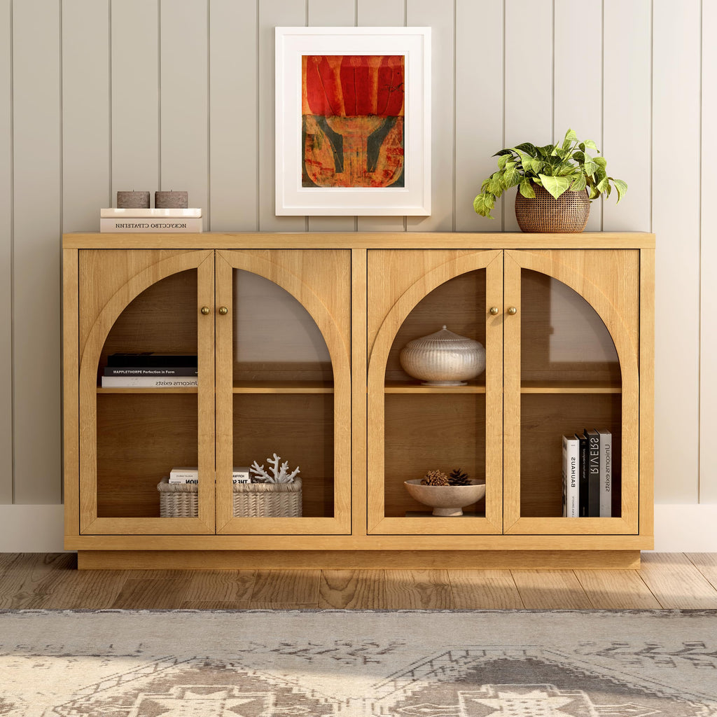 Modern Storage Cabinet with 4 Doors Set of 2, Arched Accent Sideboard Buffet with Adjustable Shelves, Boho Display