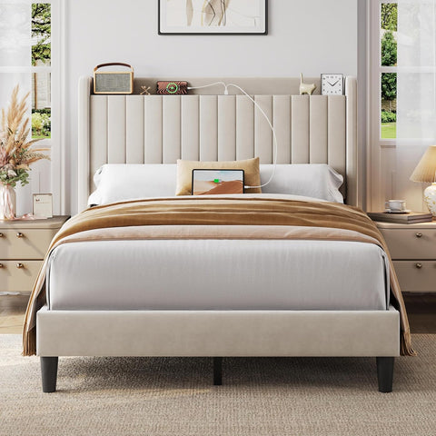Full Bed Frame with USB Charging Station and Storage Shelf/Upholstered Headboard Platform Bed with Wing Side/Wooden