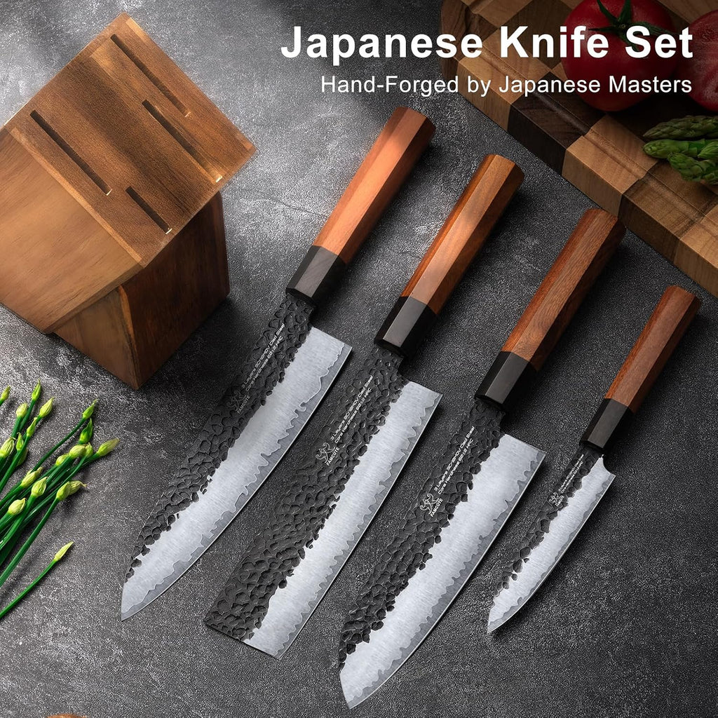 Japanese Knife Set with Block, Kitchen Knives Gift for Men & Women | Hand Forged 5-Layer 9CR18MOV Clad Steel Chef