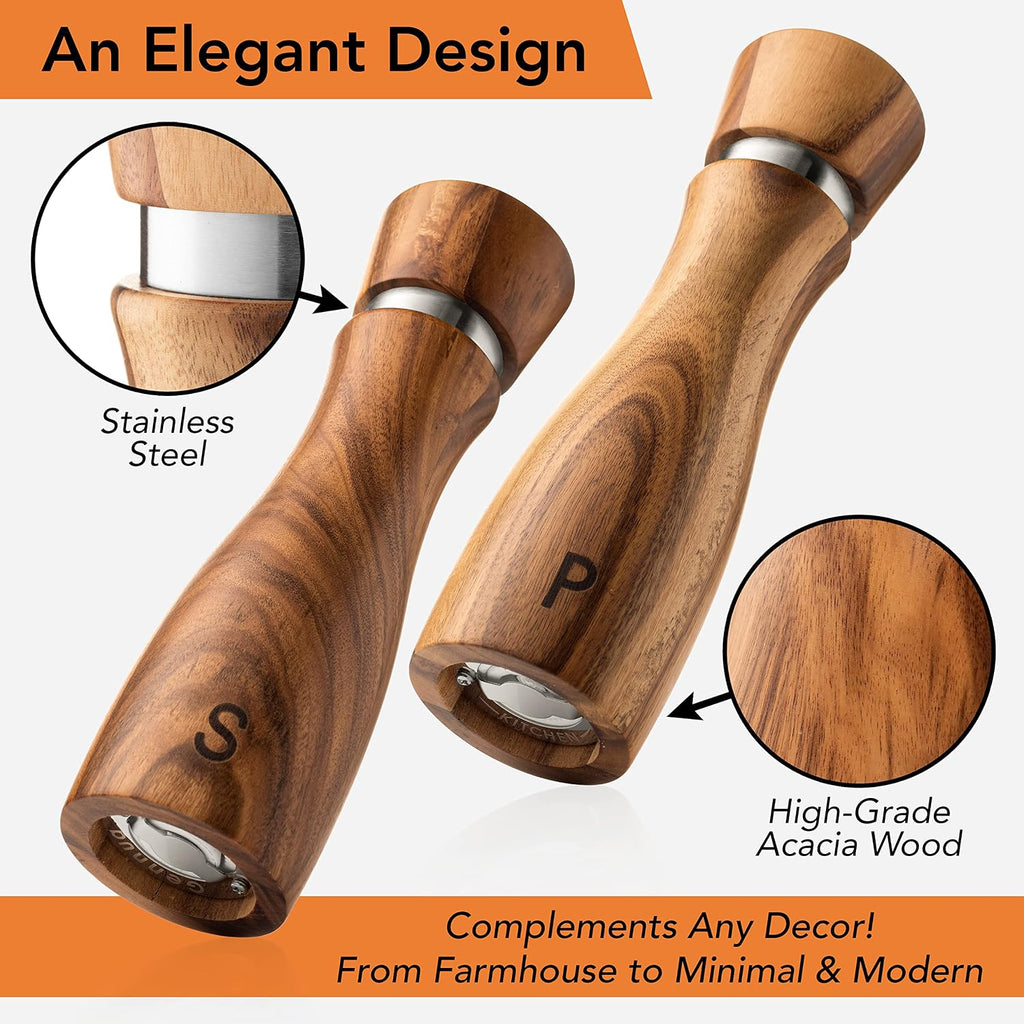 Wooden Salt and Pepper Grinder Set: Refillable Salt & Pepper Mills Adjust for Customized Coarseness, Crafted of Solid - Set of 2