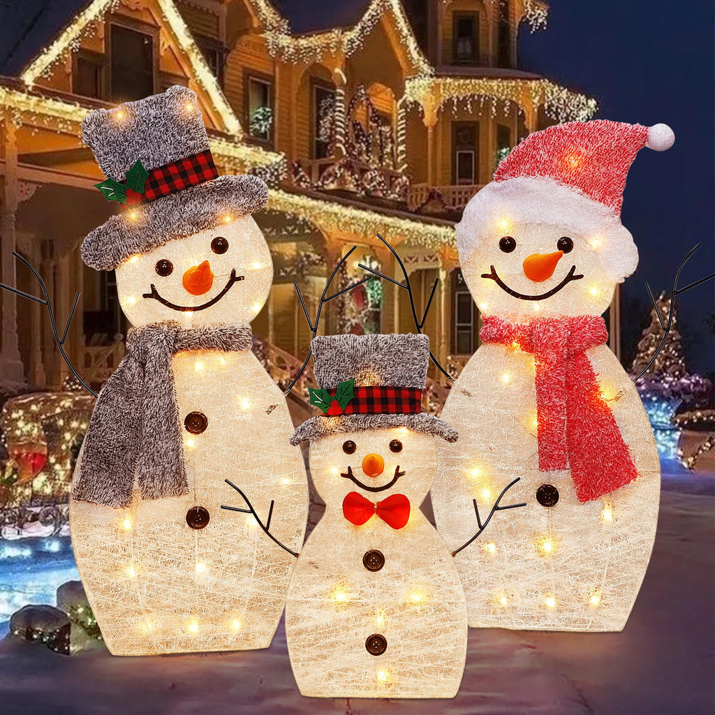 Light Up Snowman Family, Pre-Lit 60 Lights Christmas Collapsible Snowman Outdoor Decoration, Outdoor Lighted Snowman