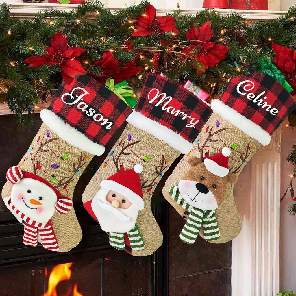 With Name, 18" Gnome Burlap Elk Bear Plaid Xmas Stocking Holiday Christmas Stockings, Holiday Christmas Decoration