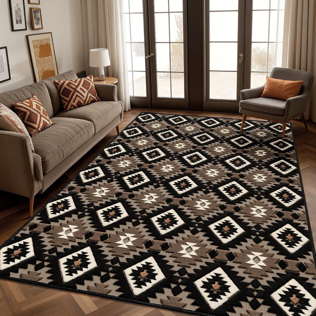 Brown Aztec 8x10 Area Rugs High-Low Plush Pile Western Washable Rug