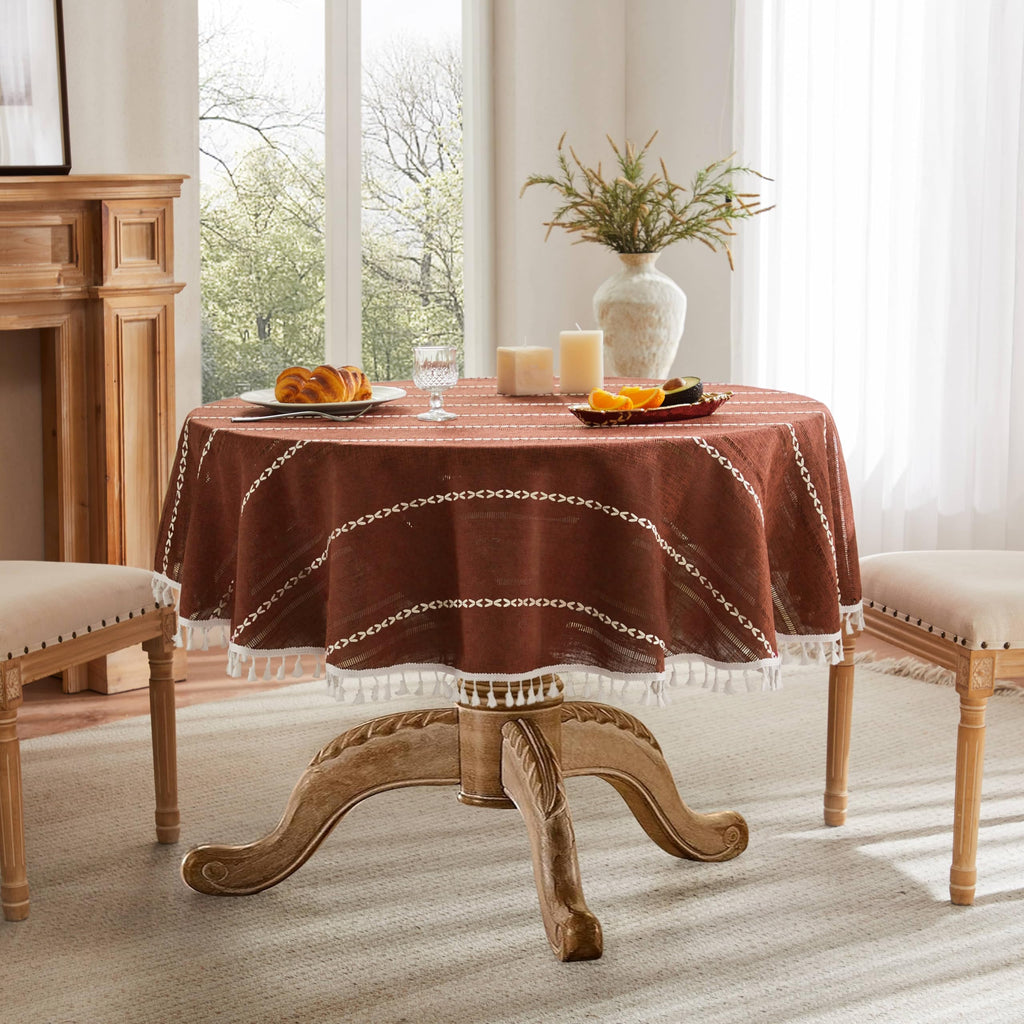 Hemstitched Striped Boho Table Cloth, 54 Inch Round Terracota