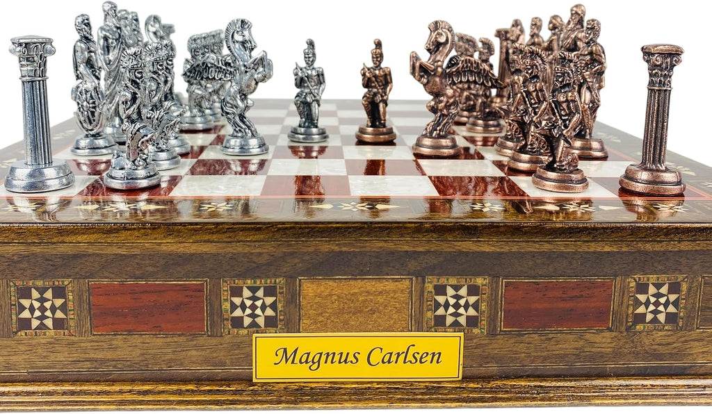 Premium Handmade Chess Set with Storage Drawer- Ancient Greek Mythology Themed Metal Chess Pieces- 15" Personalizable
