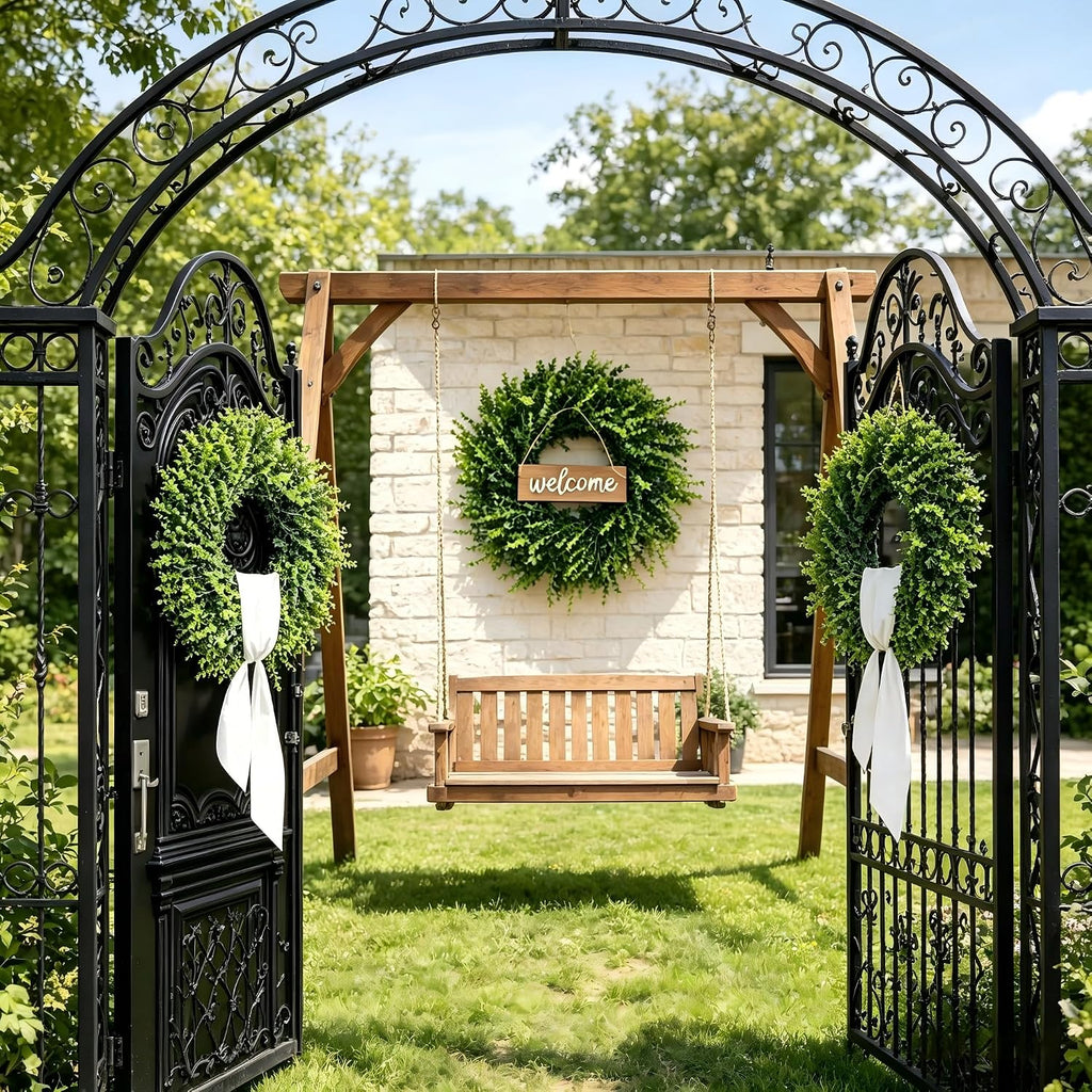 All Season Artificial Boxwood Wreath for Front Door, Farmhouse Year Round Greenery Wreath Outdoor with Hanging Tag