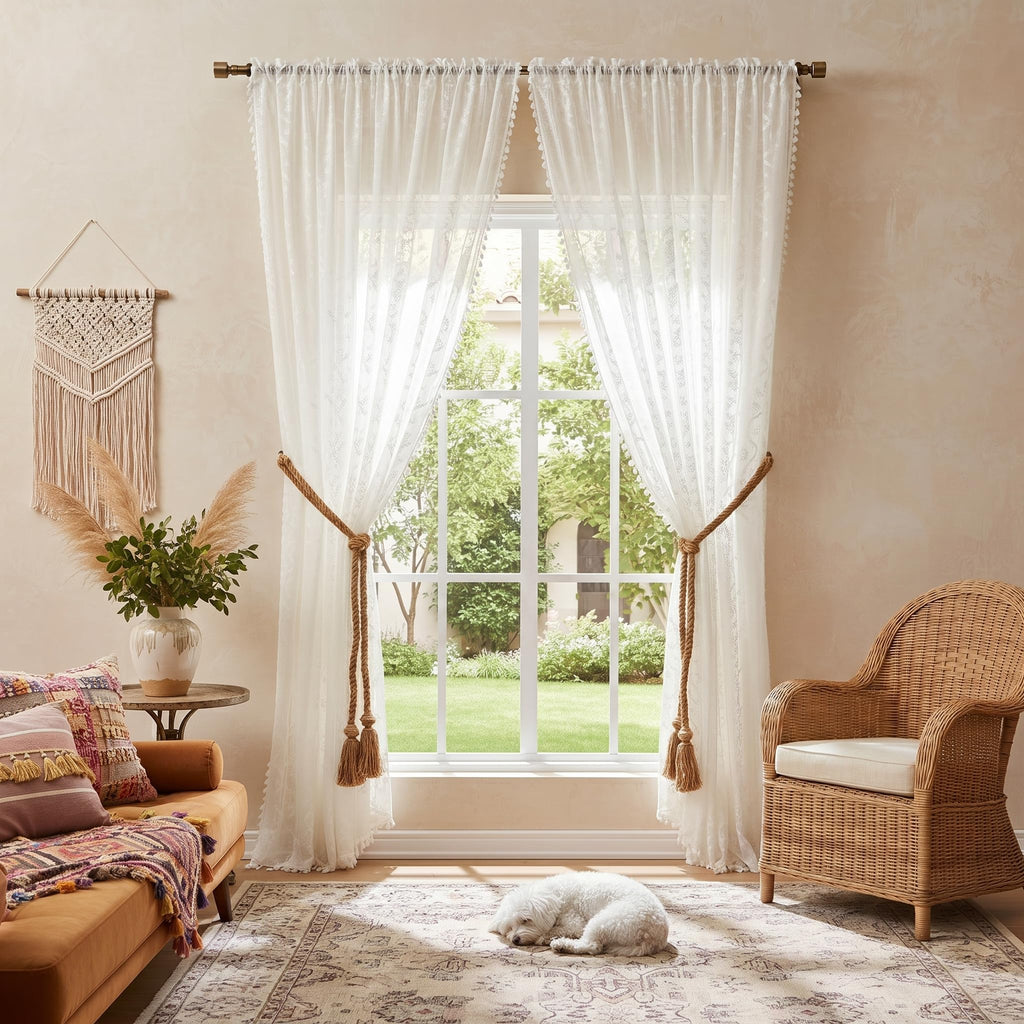 White Boho Lace Curtains 96 Inch -Cute Vintage Victorian Sheer Panel Drape French Country Floral Pattern & Tassel
