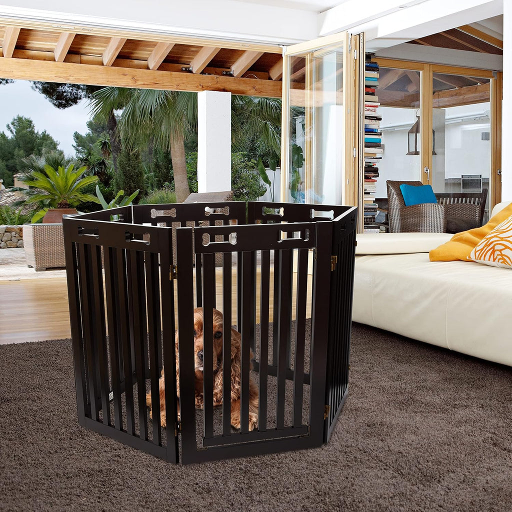 Freestanding Dog Gate with Door, 6 Panel 360° configurable Wooden Fence, 120" Wide, 31.5" Tall, Foldable, Four