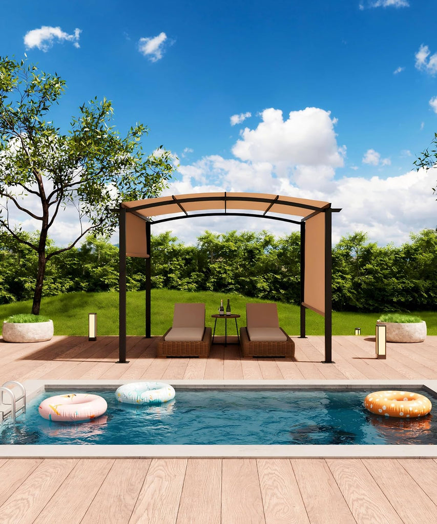 10 x 10 ft Outdoor Arched Pergola, Metal Pergola with Retractable Canopy, Arched Style Gazebos for Backyard