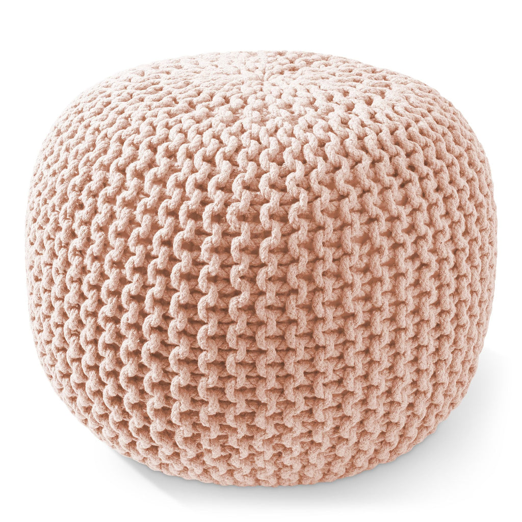 Round Pouf Ottoman, Light Pink - 20" Diameter x 14.5" High Cotton Knit Foot Stool - Boho Floor Pouffe