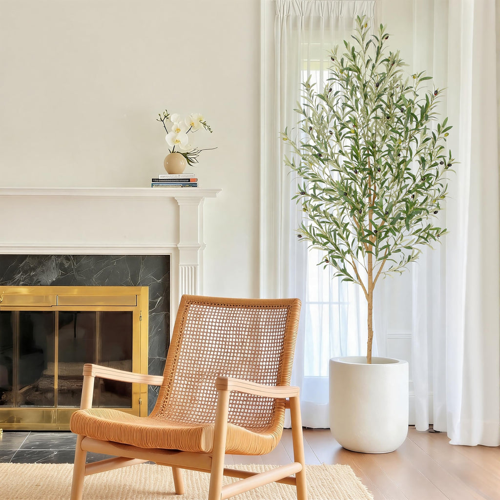 7ft Faux Olive Tree with Warm White Spotlight & Real Wood Trunk, 84in Artificial Olive Tree with Lifelike Fruits &
