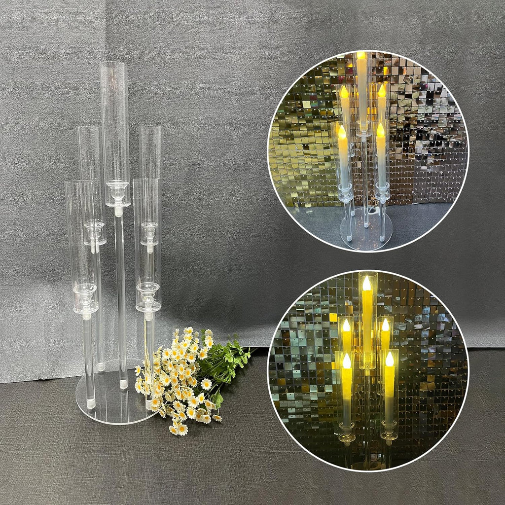 4 Set 5 Arms 34.6'' Acrylic Candelabra Centerpieces,Clear 5 Arms Candlesticks Holder with Acrylic Shade for